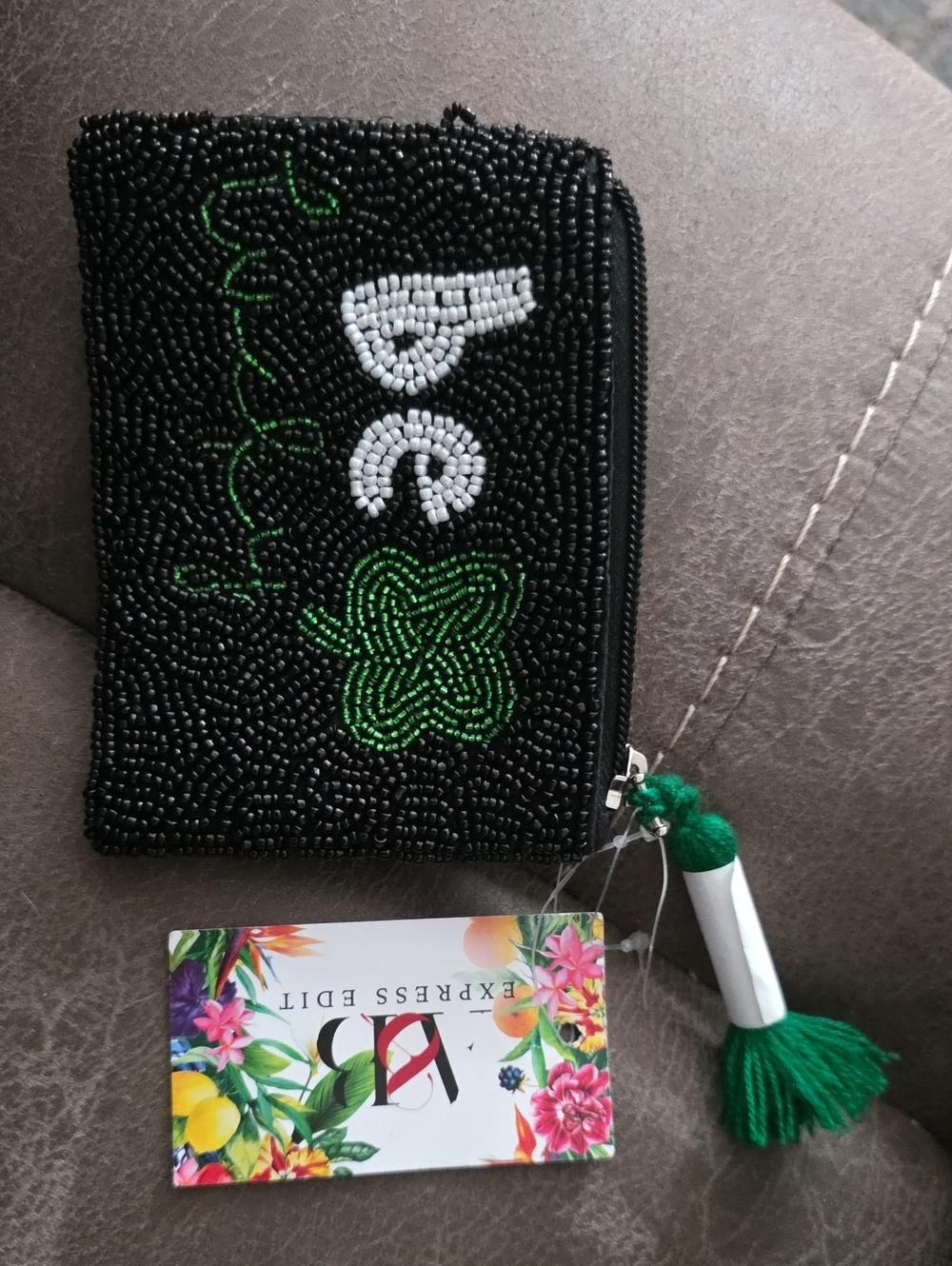 Black Beaded Zip Coin Purse Wallet with Green Accent and Tassel
